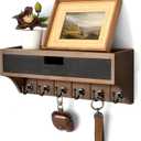 Rebee Vision Pine Wood Key Holder Wall Mount with Drawer Organizer Decorative Mail Organizer with 6 Key hooks and Wall Shelf - Modern Room Decor for Entryway or Living Room (Brown & Black)