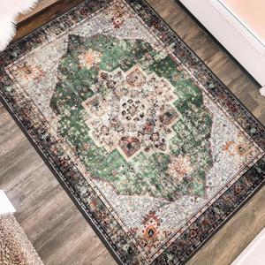 2x3 Small Rugs for Entryway, Green Boho Area Rug for Bathroom Throw Hallway Vintage Kitchen Rugs Non Slip Washable, Indoor Entrance Floor Carpet