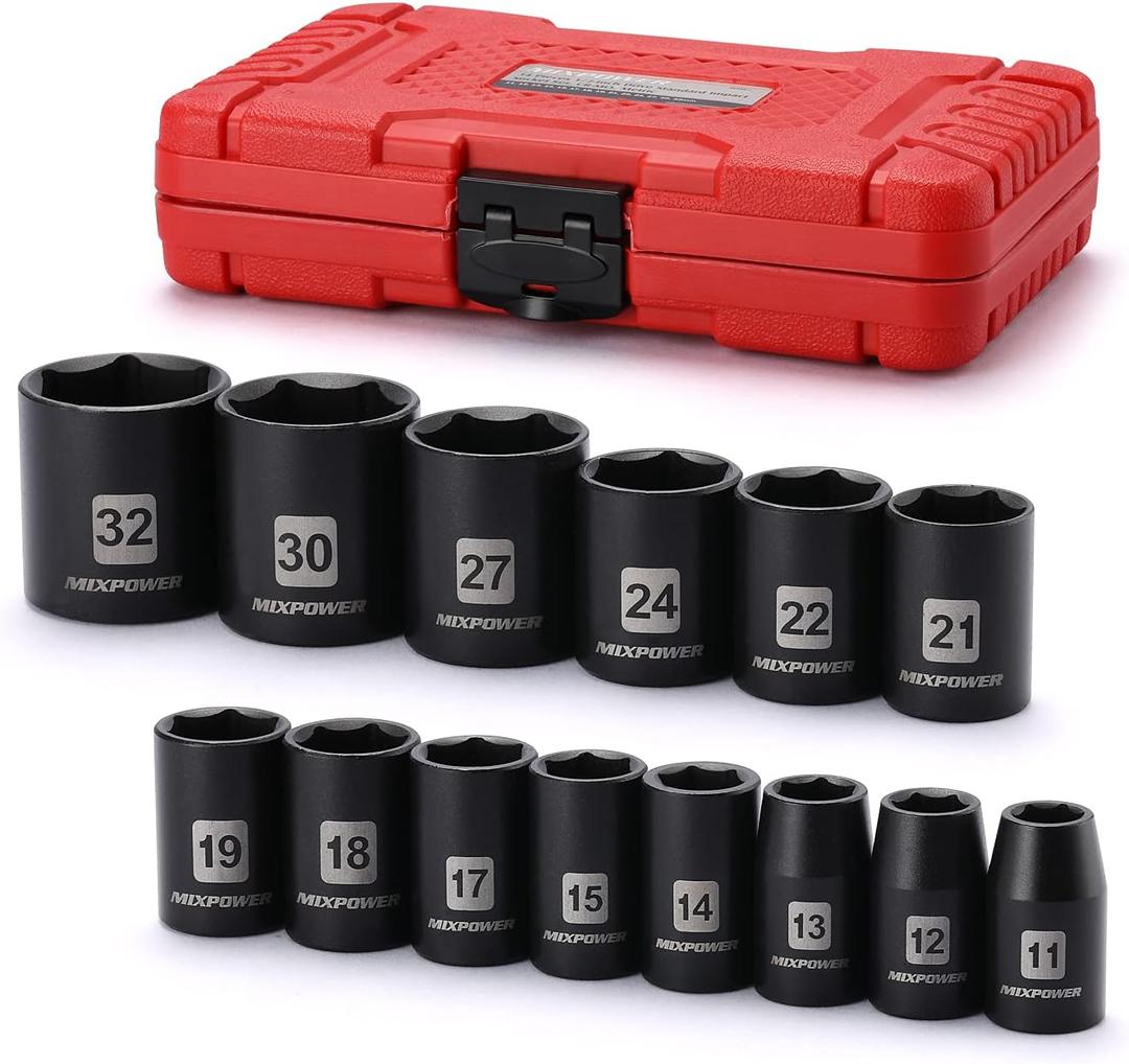 MIXPOWER 14 Pieces 1/2-Inch Drive Shallow Impact Socket Set, 11-32mm, CR-V, Metric, 6 Point, Shallow, 14 Pieces 1/2" Dr. Shallow Socket