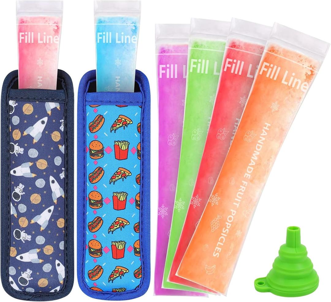50 Disposable Ice Popsicle Mold Bag 2 Popsicle Holder, Freezer Tubes with Dual Zip Seals for Yogurt, Juice&Smoothies Snacks and Ice Pop Neoprene Anti Freezing Sleeves for Kids (Multicolor-3)
