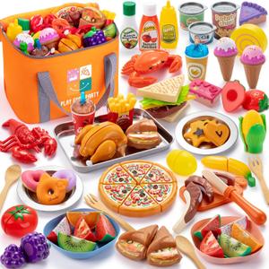 Juboury Pretend Play Food Set for Toddlers, Cutting Toy Food with Storage Bag, Stainless Steel Tray and Plates, Food Toys with Veggies, Fruits, Dessert, Pizza Toy, Play Kitchen Accessories for Kids
