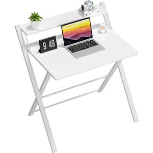 GreenForest Folding Desk No Assembly Required Small Size, 2-Tier Foldable Computer Desk with Shelf for Home Office, Space Saving Portable Laptop Study Foldable Table for Small Spaces, White (22 x 27.3 inch)