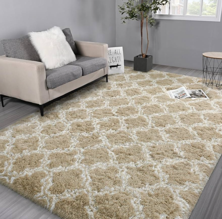 Hutha 8x10 Shag Large Area Rugs for Living Room, Beige and White Modern Super Soft Bedroom Carpet, Moroccan Luxury Geometric Plush Fluffy Rug for Kids Nursery Girls Room Indoor Home Decor