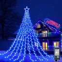 12FT 344 LED Christmas Tree Lights, Plug in Waterfall String Lights with Topper Star, Waterproof 8 Modes Outdoor Christmas Decorations for Indoor Patio Yard Lawn Xmas Party, Blue