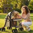 GTPLAYER Foldable Pet Stroller for Small Dogs and Cats, Holds Up to 33 lb, 4-Wheel Stroller with 2 Safety Tethers, Breathable Mesh, Lockable Front Wheels, Cup Holder/Tray & Storage Pocket, Cream