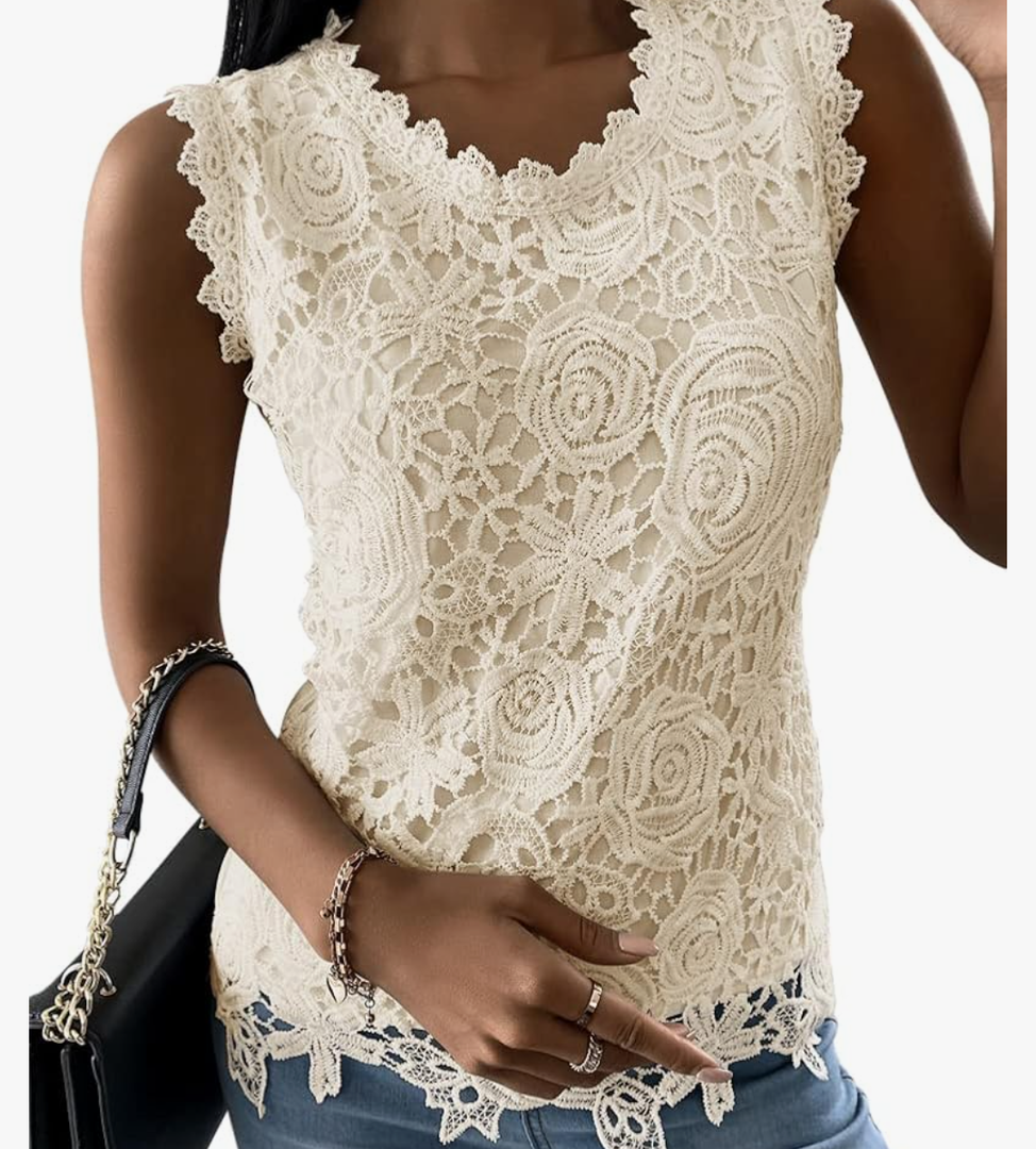 Womens Lace Tank Top Blouse Sleeveless Summer Casual Crew Neck Slim Fit Hollow Out Shirt M