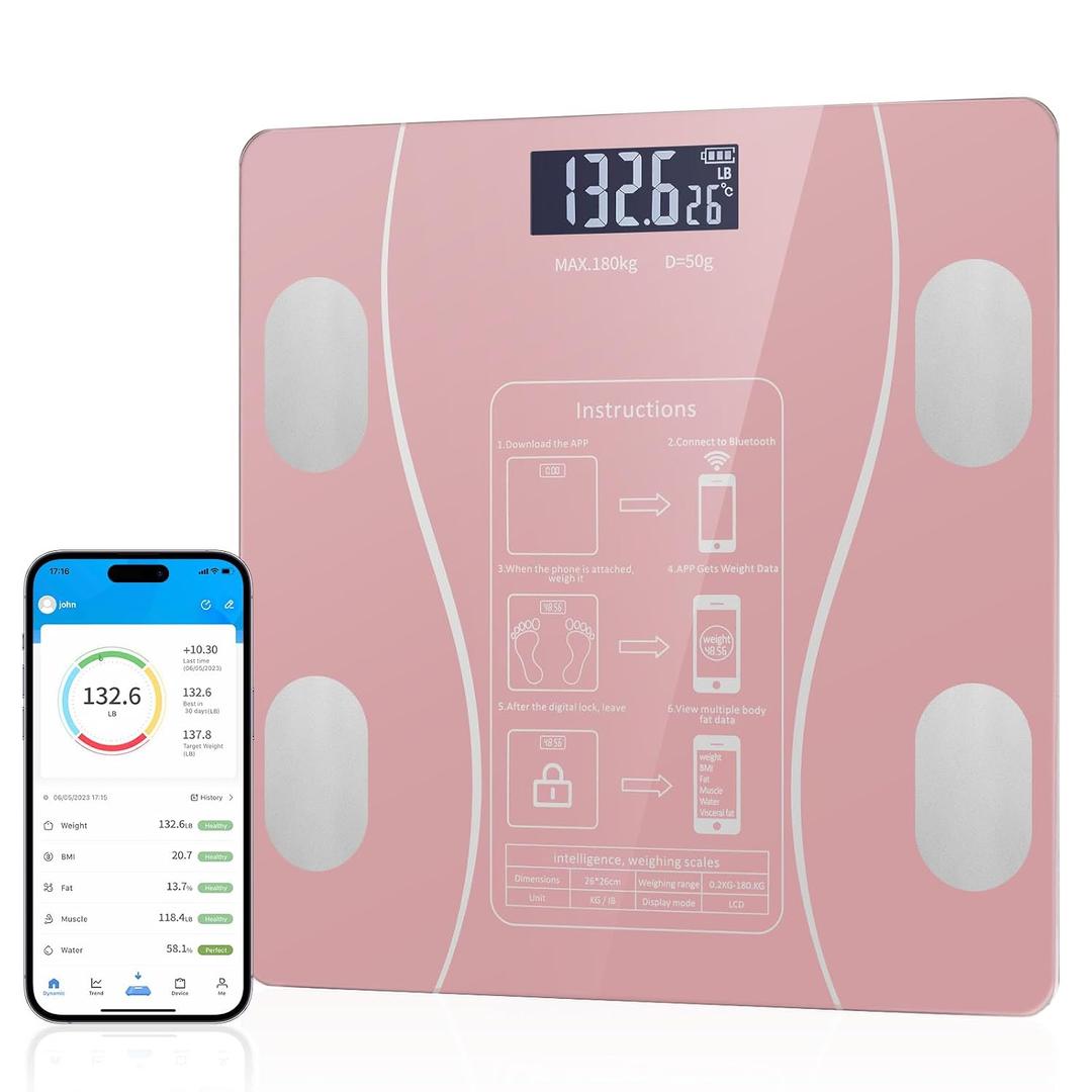 Smart Body Fat Scale with Led Display - Digital Bathroom Scale with Bluetooth, Accurate Body Composition Measurement, Muscle Mass, BMI, and Body Water Analysis (Pink)