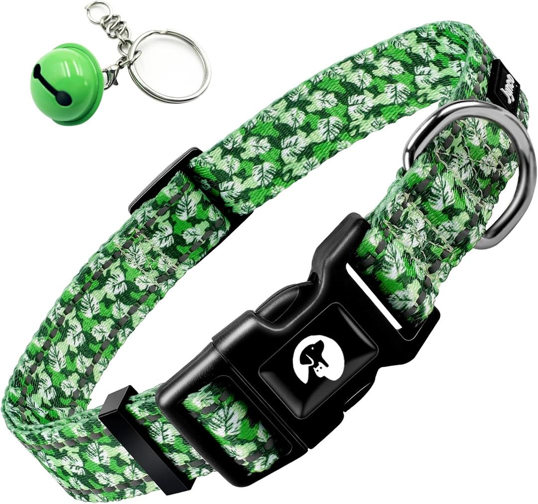 Reflective Dog Collar for Medium Dogs, Pink & Red & Green Floral Heart Paw Print Cute Dog Collar with Bell for Small Medium Large Dogs Girl Dogs Boy Dogs (S, Forest Emerald)