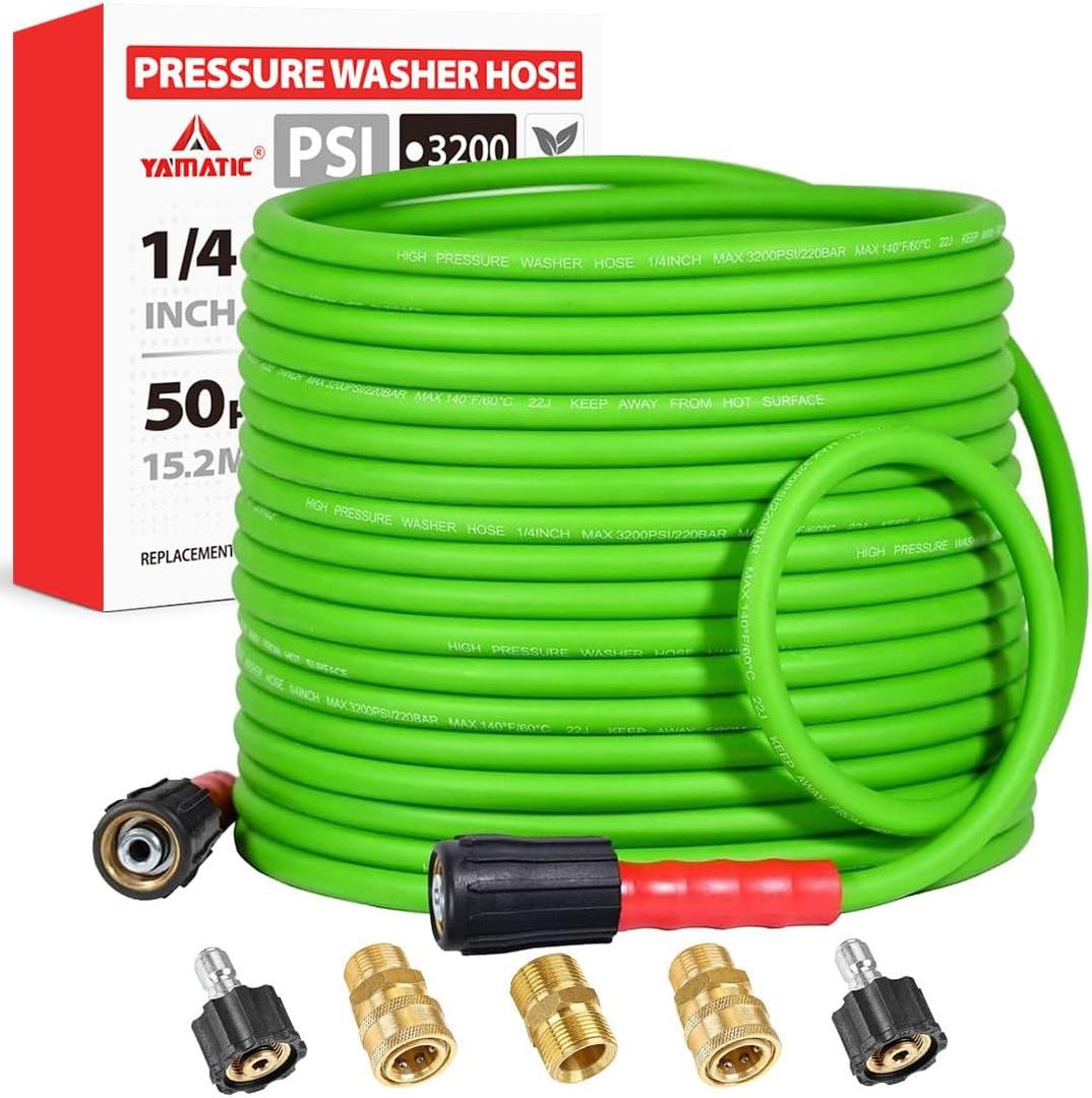 YAMATIC Super Flexible Pressure Washer Hose 50FT for Power Washer Replacement, Kink Resistant Extension With Leak-Free M22 Female & 3/8" Quick Connect Adapters, 1/4" 3200 PSI, Green