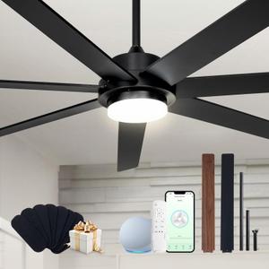 Maxslak 72" Wood Black Smart Ceiling Fan with Light and Remote via WIFI Alexa APP Control,6 Speed Quiet DC Motor,Dimmable,Indoor Outdoor Ceiling Fans for Patios or Bedroom (Matt Black & Walnut)