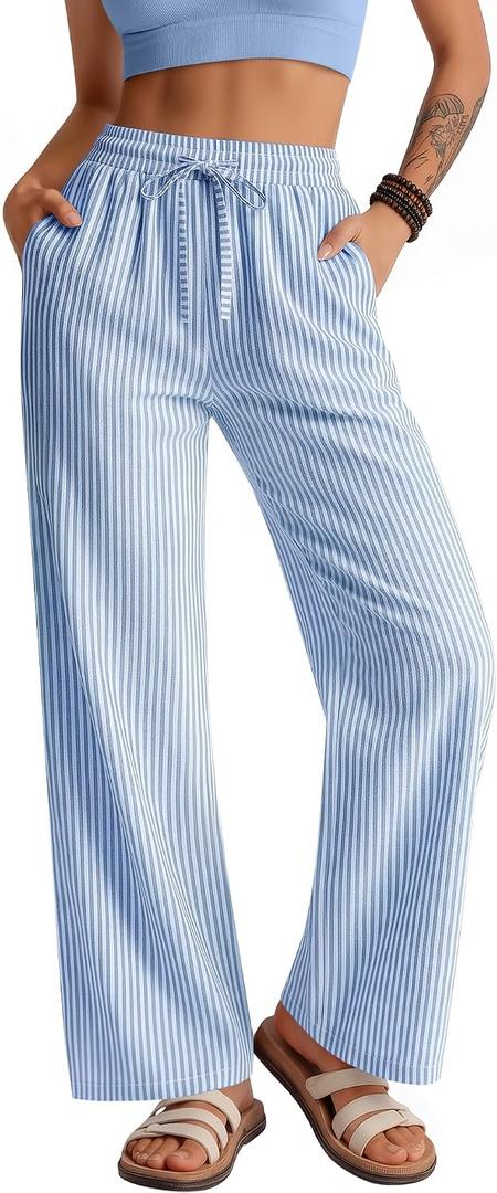 Neer Women's Striped Gingham Pants Cotton Plaid Pajama Lounge Boxer Pants Drawstring Pj Bottoms Wide Leg Trousers with Pocket L