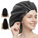 Aquior Shower Cap for Women, Extra Adjustable Shower Caps for Women Double-Layer Waterproof Reusable Hair Cap, Large Size Hair Cap for All Hair,for Girls Spa Bath,Soft and Comfortable (Back) (black)