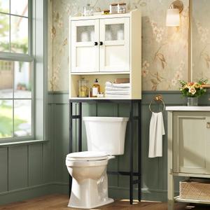 Over The Toilet Storage Cabinet, Above Toilet Bathroom Storage Cabinet with Double Doors and Soft Hinges Over Toilet Storage Shelf Over Toilet Bathroom Organizer (Cream White)