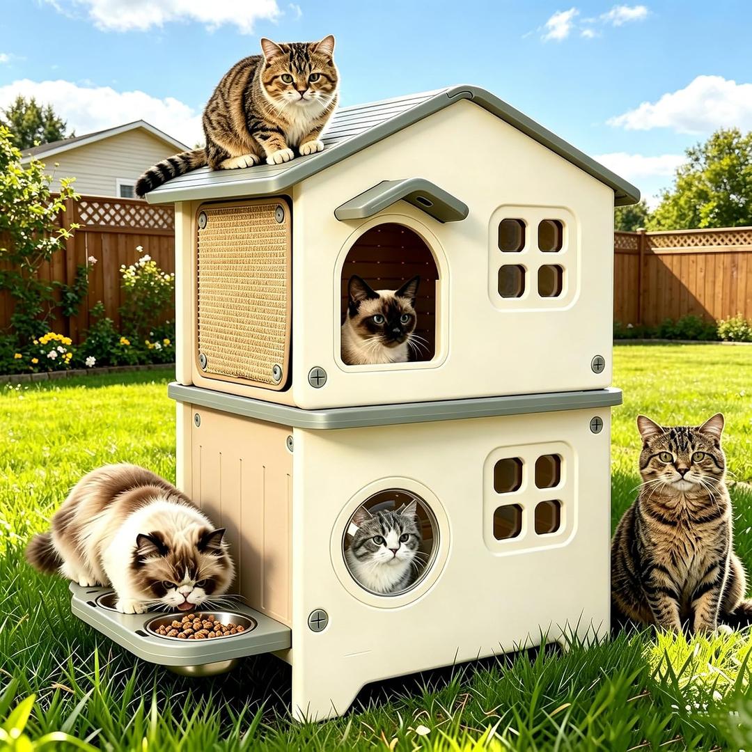 Outdoor Cat House with Insulated Liner, Weatherproof for Feral Multi Cat, 2 Story Plastic Elevated Cat Shelter with Escape Door, Scratching Post, Stainless Steel Bowl, Grey 21.5" D x 21" W x 34" H