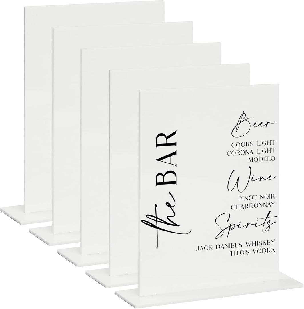 8x10 Inch White Acrylic Sign with Stand | 5 Pack Blank Acrylic Table Signs and Base for DIY Wedding Table Numbers, Wedding Signage, Events& Parties (White, 8x10 Inch)
