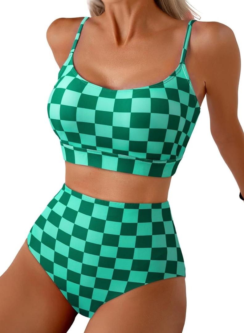 Herseas 2 Piece High Waisted Bikini Set for Women 2026 Spaghetti Straps Swim Top with Reversible Bottom Bathing Suit (Small, Green Checkerboard)