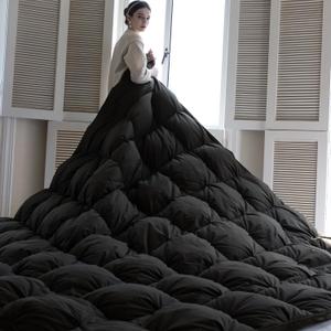 KAKABELL Pinch Pleat Goose Down Feathers Fiber Comforter King Size All Season-Ultra Soft and Cozy Noiseless Duvet Insert with Egyptian Cotton Blend Cover,Fluffy Warm Comforter Insert(Black,90"X106")