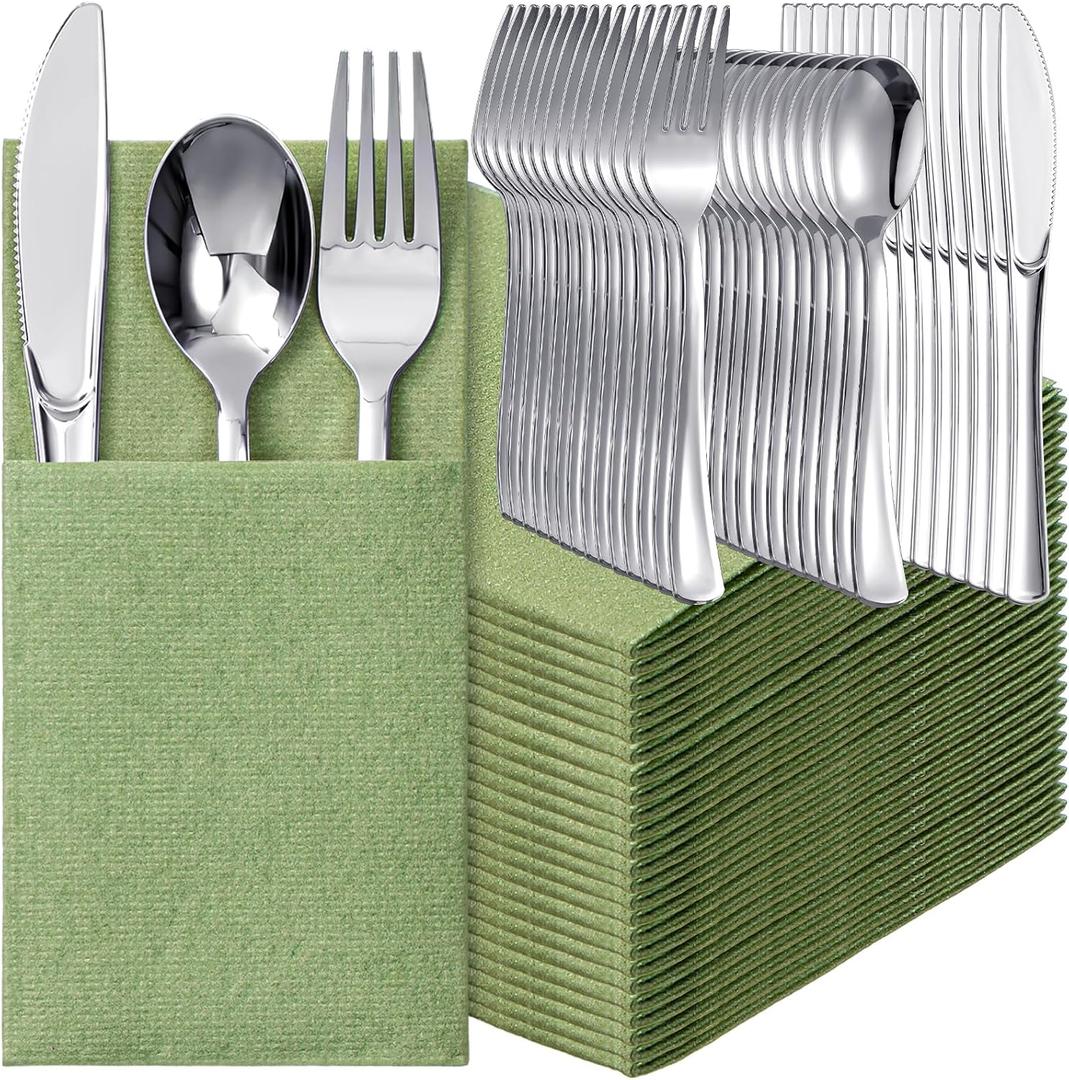 50 Set Linen Feeling Napkins with Plastic Dinnerware Napkin and Plastic Cutlery Set Disposable Dinnerware for Wedding Restaurant Party (Sage Green)