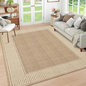 GarveeHome 9x12 Area Rug for Living Room Large Washable Bedroom Rug Low Pile Stain Resistant Dining Room Area Rug with Rubber Backing Modern Bordered Throw Carpet for Home Decor Office, Khaki