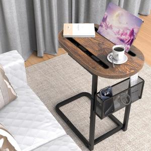 Couch Arm Table, Adjustable Height TV Tray with Storage Baskets, C Table for Sofa, Bedside, TV Watching, Meals, Snacks, Laptop Use