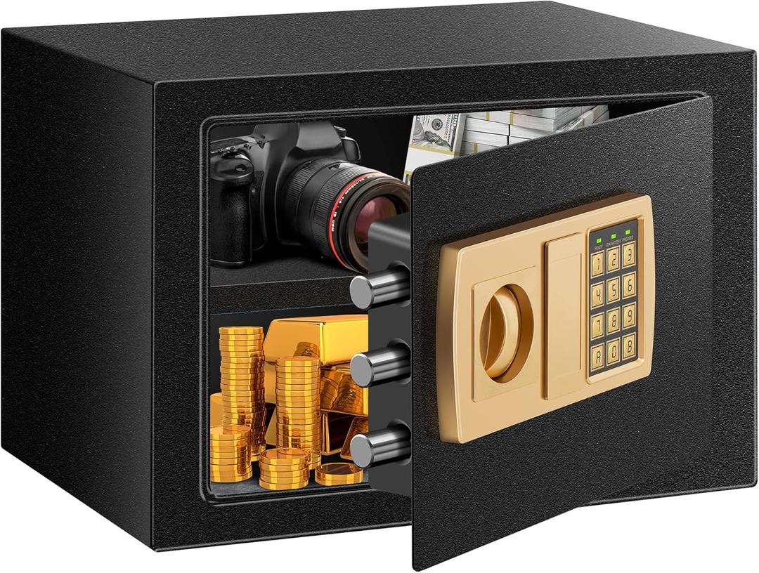 Basics Steel Security Safe with Electronic Keypad - Ideal for Storing Cash, Jewelry, and ID Documents. Black, 0.5 Cubic Feet, Dimensions: 13.8" W x 9.8" D x 9.8" H
