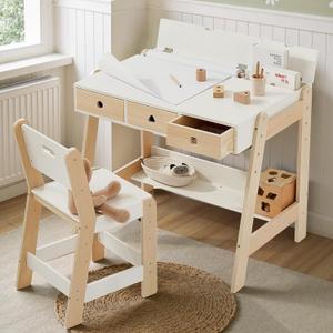 Giant bean Kids Wooden Table and Chair Set, Study Desk and Chair Set with Storage Drawer, White Learning Table with Cabinets for Boys and Girls Ages 3-12 Years,Suitable for Classroom,Home,Playroom