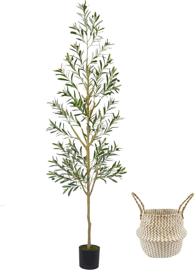 7.8ft (93) Artificial Olive Tree, Tall Fake Olive Plant with Basket, Indoor Outdoor Faux Olive Silk Tree for Home Livingroom Office Floor Decor (Natural Green Leaves)