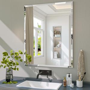 Frameless Bathroom Mirror, 24" x 30" Rectangle Beveled Wall Mirror, Modern Decorative Vanity Mirrors for Living Room, Entryway, Bedroom, Hangs Horizontally or Vertically