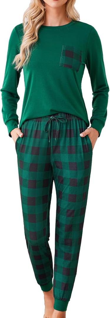 Womens Christmas Pajamas Long Sleeve Pj Set Soft Plaid Pants Sleepwear with Pockets M