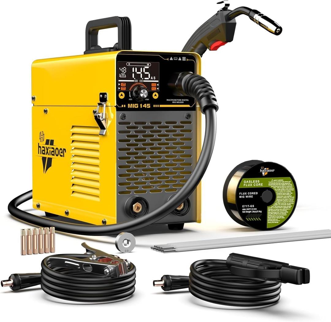 HAXIAOER 145A MIG Welder, [LCD Digital Display]110V Flux Core MIG/Lift TIG/Stick 3 In 1 Welding Machine With Synergy, Inverter Welder Equipment Kit For Home Repair Auto Restoration Metal Fabrication (Yellow)