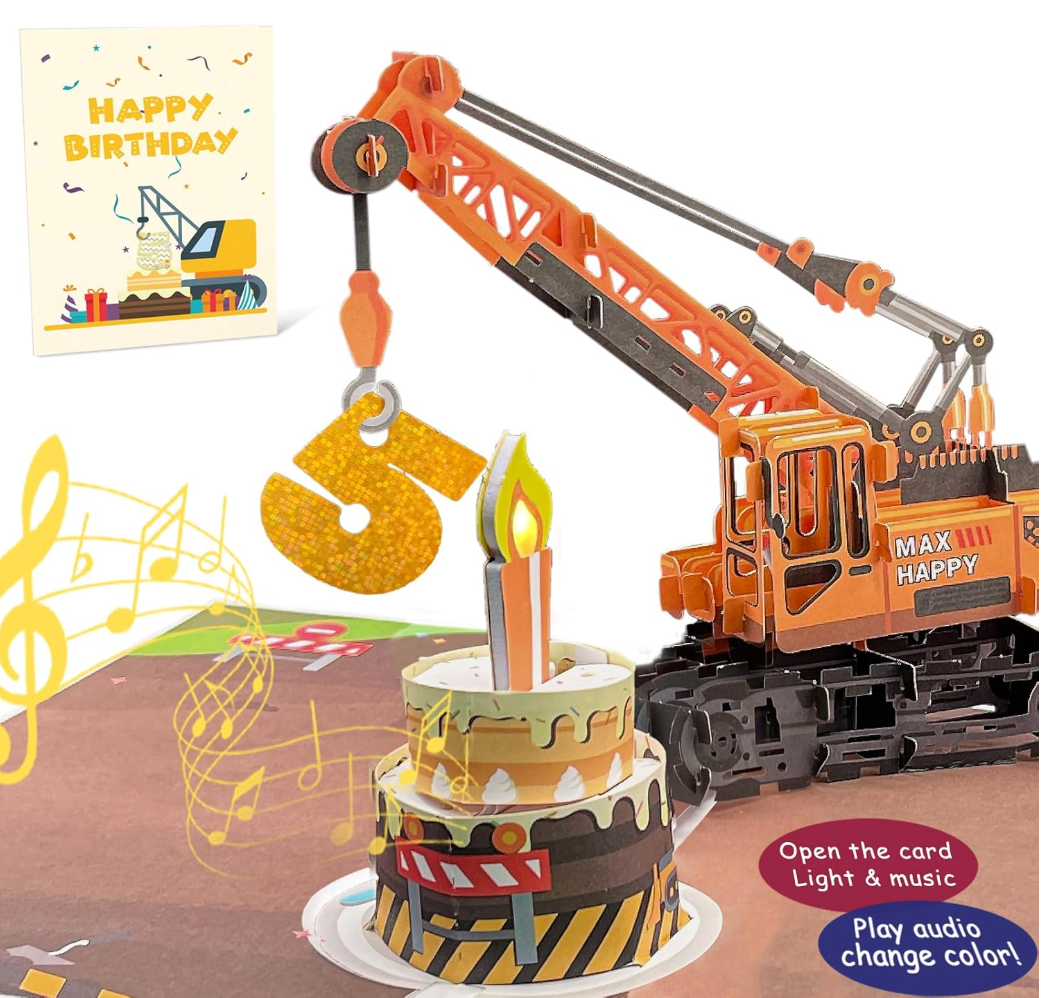 DTESL 3D Greeting Pop Up 5th Birthday Card with light and music, Crane Truck card For Boy, Nephew, Grandson, Son, Toddler, with Envelope, Message Card  Open it play: plays hit song 'Happy Birthday'