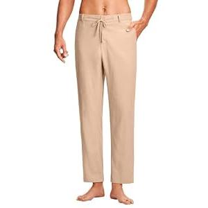 ISEEGZ 30" Men's Linen Pants Casual Dress Pants Drawstring Lightweight Business Trousers with 4 Pockets Beach Summer Khaki