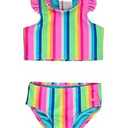 RuffleButts Girls UPF50+ Sun Protected Racerback Flutter Tankini 2-Piece Swimsuit - Neon Rainbow Stripe, 5
