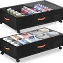 Under Bed Storage with Wheels,2-Pack Under Bed Storage Containers with Clear Lids, XXL 66L Large Under the Bed Storage Organizer Bins With Handles, Space Saving Design for Clothes, Shoes, Books-Black