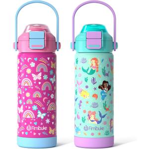 Kids Insulated Water Bottle with Pop-Open Straw & Spout 2-in-1 Lid, 18oz Leak Proof 18/8 Stainless Steel Vacuum Tumbler, BPA-Free Kids Cup For Travel School Boys Girls Toddler, Rainbow & Mermaid