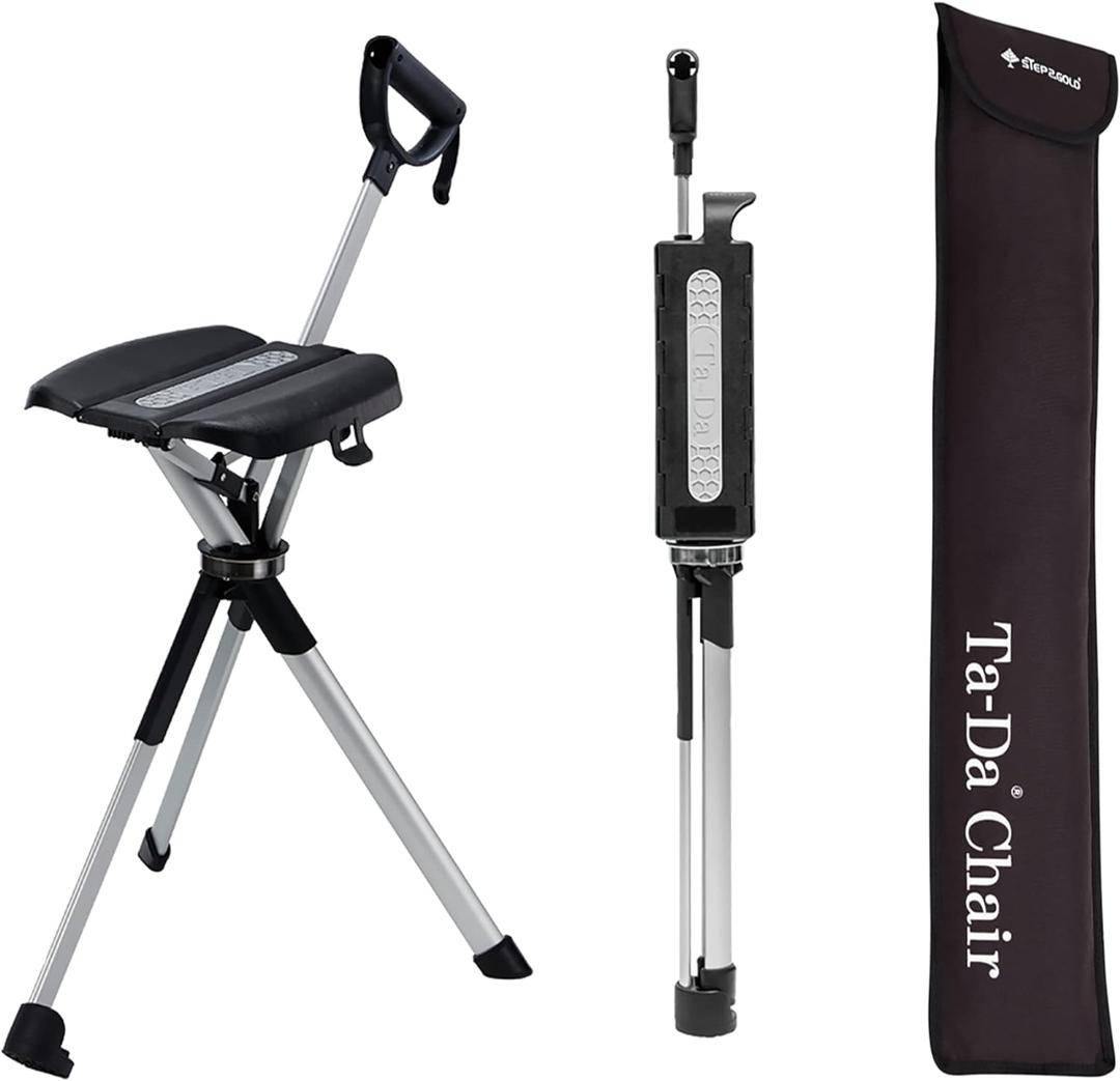 STEP2GOLD Ta-Da Chair Series 2- Portable Walking Stick, Cane with Seat, Foldable Chair, Hiking Stick, for Camping, Hiking, Lightweight Aluminum, Easy Carry, Anti-Slip (32.2"/ Black)