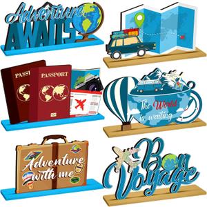 DoubleFill 6 Pcs Travel Themed Wooden Centerpieces Table Toppers Adventure Awaits Party Decor Travel Around the World Bon Voyage Table Decor Photo Props for Let the Adventure Begin Going Away Party