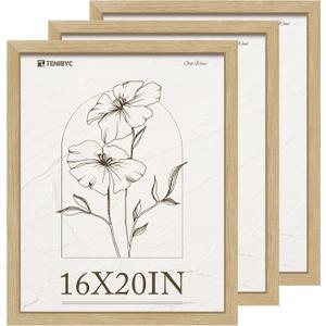 16x20 Frame 3 Pack, Natural Oak Wood Picture Frame with HD Tempered Glass, Display 16x20 or 20x16 photos, posters and Art Prints, Wall Hanging