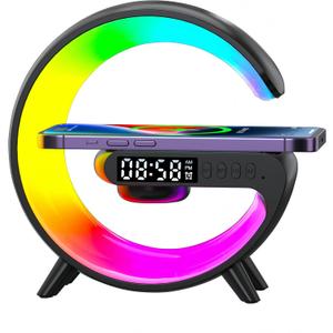LED Table Lamp with Wireless Charger, Mini G Atmosphere Lamp with Bluetooth Speaker, Night Light Lamp Sunrise Alarm Clock, Smart Light Sound Machine, Christmas Gift for kidsMini Size Black