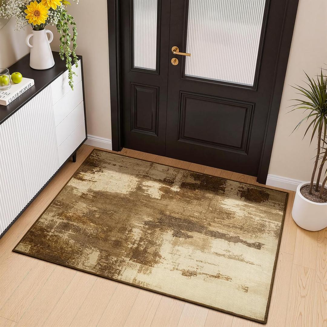 Merelax 2x3 Brown Entryway Washable Area Rug, Coffee Kitchen Bedroom Entrance Small Area Rugs, Non Slip Bathroom Throw Rugs, Front Door Indoor Door Mat, Modern Abstract Carpet