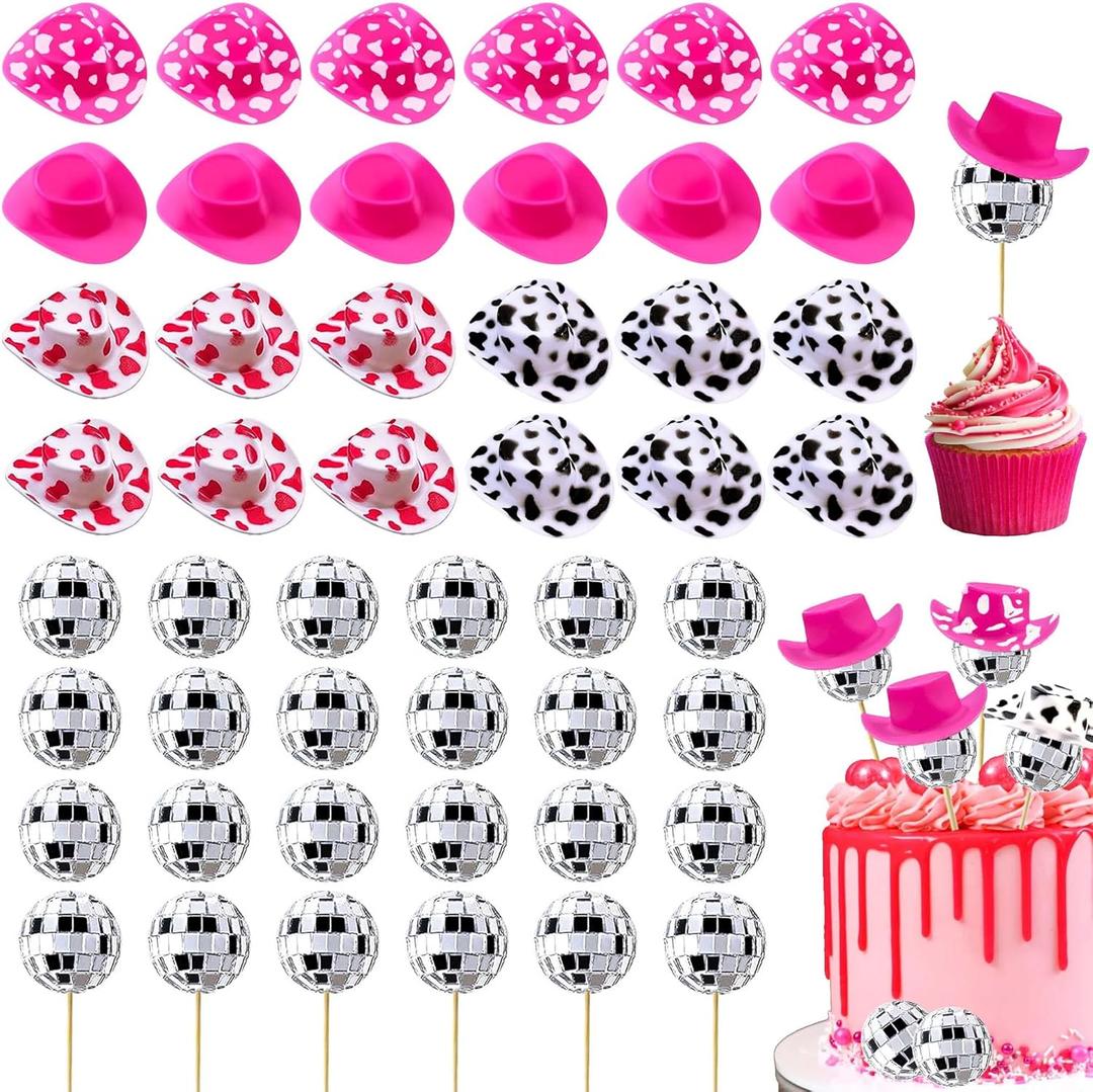 Cowgirl Cake Decoration Cowgirl Cake Topper, 24Pcs Shiny Disco Ball 24Pcs Mini Pink Cowgirl Hats for Western Theme Party Cowgirl Birthday Party Supplies