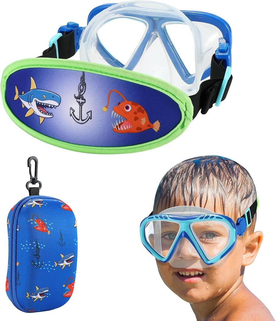 Toddler Swim Goggles Nose Cover,Kids Goggles No Hair Pull,Anti Fog Children Swimming Mask (1PK - Blue Shark)