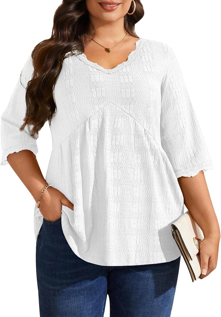 Plus Size Tops for Women 3/4 Lace Sleeve Shirts V Neck Blouses Casual Loose Tunic Tops to Wear with Leggings (XL)