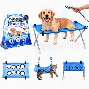 Dog Grooming Hammock with Foldable Stand for Bathing and Showering Pets | Breathable mesh lets water pass through while openings help hold cats above wet surfaces to simplify cleanup after rinsing