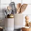 LE TAUCI Utensil Holder for Kitchen Counter, 7.3"+5.4" Fluted Ceramic Utensil Crock Organizer for Countertop, Heavy Large Holder for Spatulas, Spoons, Set of 2, Gray Marble
