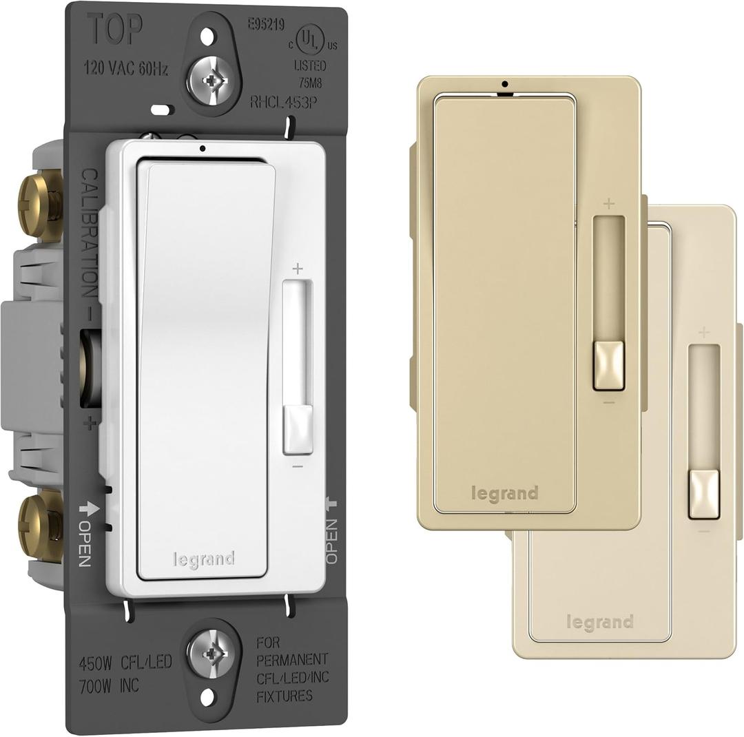 Legrand radiant RH453PTCCCV6 450W Preset Decorator Rocker Dimmer Light Switch with Locator Light for Dimmable LED and CFL Bulbs, Single Pole/3-Way, White/Light Almond/Ivory (1 Count)