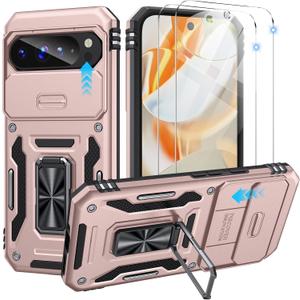 for Google Pixel 9/9 Pro Case with 2 PCS HD Screen Protector, Slide Camera Cover Rotated Ring Kickstand Military Grade Drop Protection, Shockproof Phone Case for Google Pixel 9/9 Pro, Rose Gold