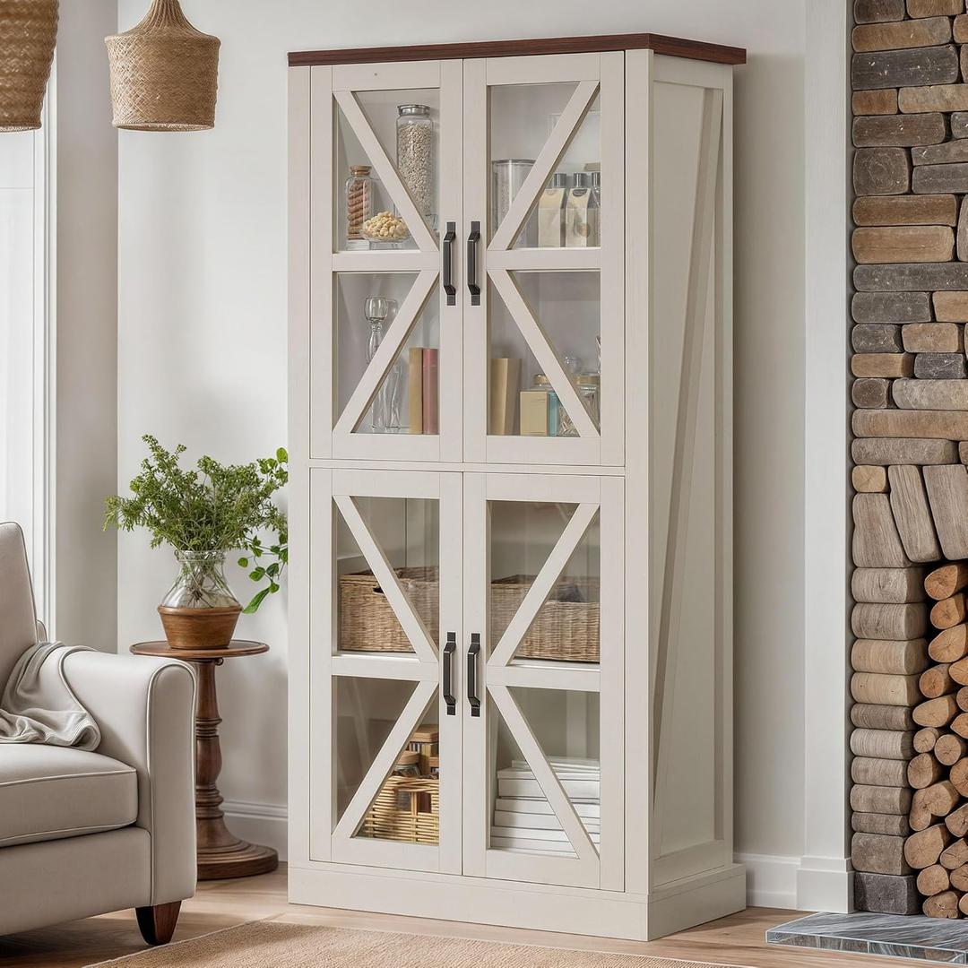 DWVO 66" Storage Cabinet, Tall Bookshelf Display Cabinet, 4 Shelves Curio Cabinet with Tempered Glass Doors, Trophy Display Case for Living Room and Dinning Room, White