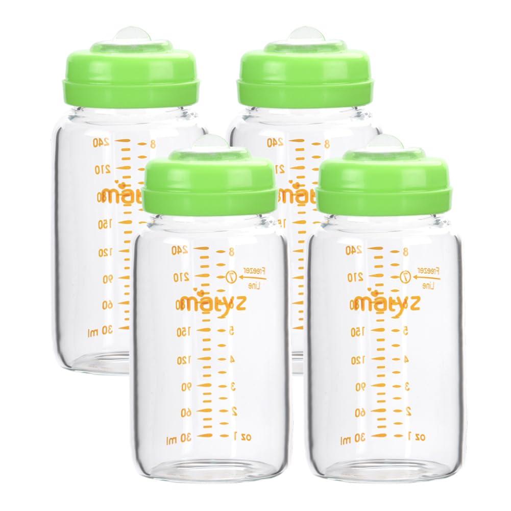 Matyz Glass Breastmilk Storage Bottles, 5 Pack, 8 oz, Compatible With Spectra Medela Breast Pump - Freezer Safe Storage Bottles Set - Wide Mouth Breastmilk Storage Containers - BPA Free 
