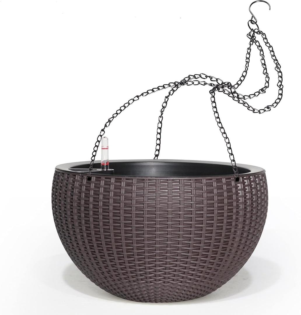 Dexceder 13.5 Inch Large Self Watering Hanging Planters Indoor Outdoor, Thickened Hanging Basket Flower Plant Pot with Water Level Indicator (Brown)